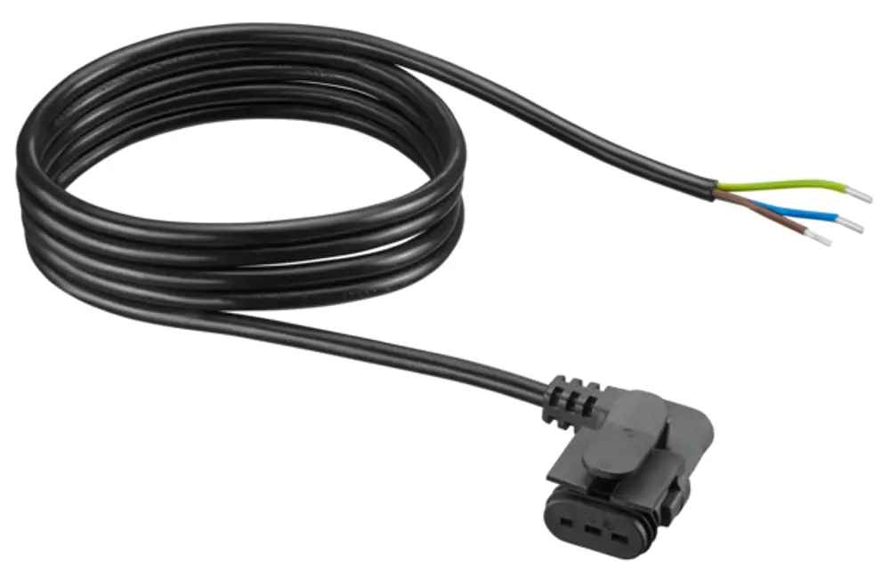 Netzkabel mit Winkelstecker und drei Einzeladern in verschiedenen Farben, hergestellt von Oventrop. Das Kabel ist aufgerollt und für den Anschluss vorgesehen.